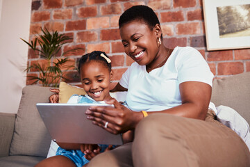 black family, streaming and mom with girl on tablet in home watching tv online or kid learning with 