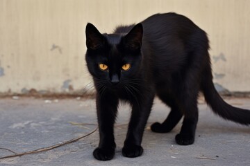 Wall Mural - Black cat on the city street during the day. The concept of superstition. AI generated, human enhanced