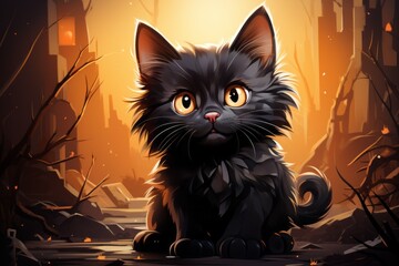 Wall Mural - Cute black cat in drawing style. Halloween superstition concept. AI generated, human enhanced