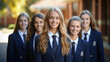 © Studio Nova - Group of private school students stand outside in uniform in front of the school building. Created with Generative AI technology.