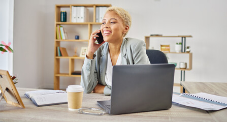 Poster - Phone call, smile and business woman in office for talking, discussion and communication at desk. Happy female worker speaking on mobile tech for contact, networking and conversation for consulting