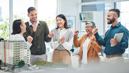 Leinwandbilder - Business people, support and architecture with achievement, celebration and applause for success, model and real estate development. Teamwork, men and women cheering, engineering and company progress