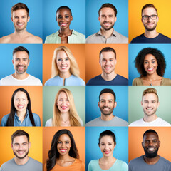 Photo collage portrait of multiracial smiling people with different ages looking at camera. Mosaic of happy modern faces. 