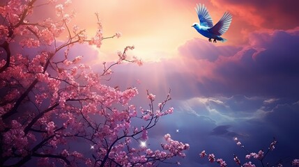 Wall Mural - bird flying over flower blossom pink tree with heavenly light flare shine from sky, Generative Ai