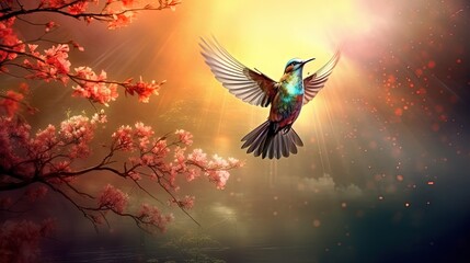 Wall Mural - bird flying over flower blossom pink tree with heavenly light flare shine from sky, Generative Ai