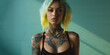 tattooed woman with short colorful hair and a tight top