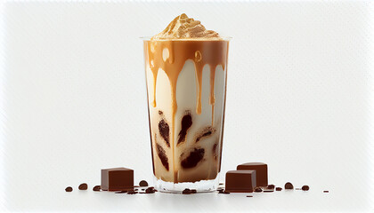 Isolated on a white backdrop, an iced coffee with cream, white background, Ai generated image