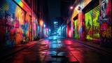 Fototapeta Londyn - wet city street after rain at night time with colorful light and graffiti wall, Generative Ai