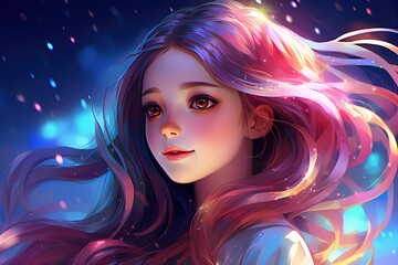 Wall Mural - painting style illustration portrait of cute pretty girl in glitter glow light and wind blow celestial fairytale atmosphere, Generative Ai