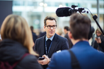 journalist at a tech conference, interviewing experts and participants, journalist, blurred backgrou
