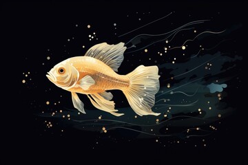 Wall Mural - A goldfish swimming in the dark water. Digital image. Contaminated water, radioactive fish.