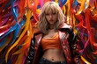 pretty woman look cool in colorful leather jacket with color splash background, modern woman freaky fashion, Generative Ai