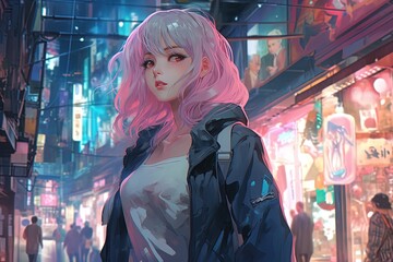 Wall Mural - painting style illustration art, pink hair girl walking on bustling urban city street at night time surround with neon light from shop and stall, Generative Ai, 