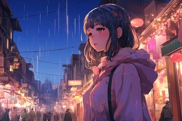 Poster - painting style illustration art, pink hair girl walking on bustling urban city street at night time surround with neon light from shop and stall, Generative Ai,