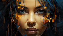 Woman Portrait Illustration In Technology Style. Modern Digital Texture Face.