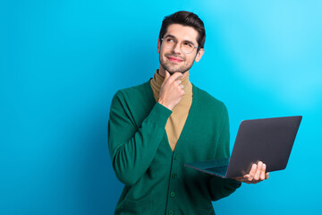 Aufkleber - Photo of positive dreamy guy dressed green cardigan eyewear texting modern gadget looking empty space isolated blue color background