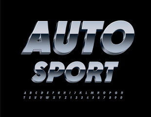 Vector metallic emblem Auto Sport. Trendy Chrome 3D Font. Silver Alphabet Letters and 