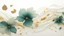 Flower Leaf Branch Sculpture Style Illustration In Gold Green White Ceramic Tone Color, Generative Ai