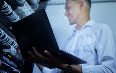 Aufkleber - Laptop, server room technician and man programming cloud computing network, fix cable system or data center. Software program code, virtual hologram dashboard or IT person upgrade hardware connection