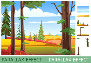 Wall Mural - autumn landscape in pine forest. view of rural fields. set of slides create parallax image layer. ca