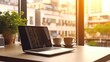 © khairulz - Laptop Sitting on Minimalist Desk Bathed in Warm Morning Light Beside Large Window, Sunlight Stream Across Room
