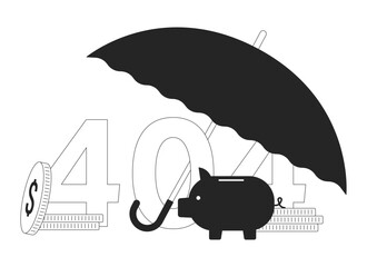Fototapete - Umbrella cover savings black white error 404 flash message. Protect finances from risks. Monochrome empty state ui design. Page not found popup cartoon image. Vector flat outline illustration concept