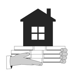 Poster - Hands holding cash ond house flat monochrome isolated vector object. Mortgage on property. Editable black and white line art drawing. Simple outline spot illustration for web graphic design