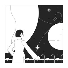 Poster - scientist explore outer space bw concept vector spot illustration. space program 2d cartoon flat lin