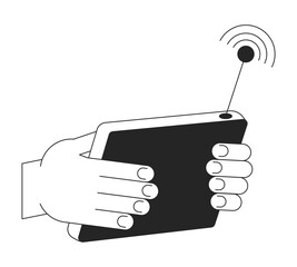 Poster - Wireless control console flat monochrome isolated vector object. Hand holding device. Editable black and white line art drawing. Simple outline spot illustration for web graphic design