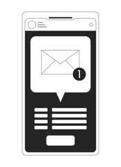Poster - Notification on smartphone bw concept vector spot illustration. New message 2D cartoon flat line monochromatic object for web UI design. Receiving email editable isolated outline hero image