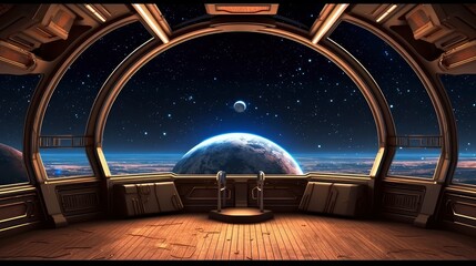 Wall Mural - futuristic space station interior with sleek technology and endless stars visible through the window
