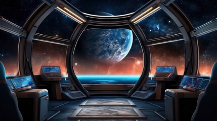 Wall Mural - futuristic space station interior with sleek technology and endless stars visible through the window
