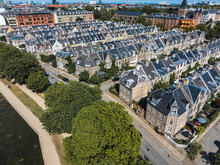 Aerial View Of The Rooftops Of Kartoffelraekkerne Neighborhood, In Oesterbro, Copenhagen, Denmark. The Neighbourhood Built In The Late 1800s For Working Class Families