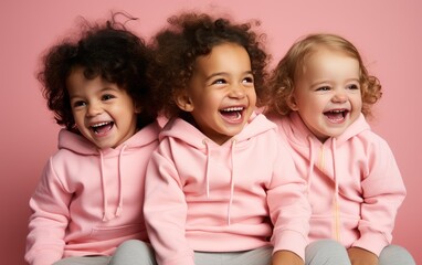 Wall Mural - Portrait of happy little children in clothes on pink background. created by generative AI technology.