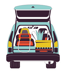 Poster - Car trunk with personal belongings flat line color isolated vector object. Packing for road trip. Editable clip art image on white background. Simple outline cartoon spot illustration for web design