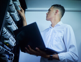 Aufkleber - Man, laptop and technician work on server room, data center or database cables check, maintenance or network inspection. Cybersecurity analysis, programmer and person service backup hardware system