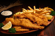 Catfish fillets, fried to a golden crisp, served on a bed of crispy French fries with a side of tangy tartar sauce.