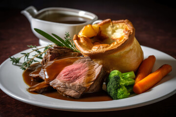 Juicy slices of roast beef on crispy Yorkshire pudding, garnished with fresh herbs, served with roasted vegetables, and smothered in savory gravy.