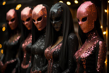Halloween Party Decoration In Pink And Black. Crazy Fancy Sequins Clothes And Masks. Generative AI