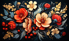 Abstract Floral Background, Colorful Flowers On A Dark Background.