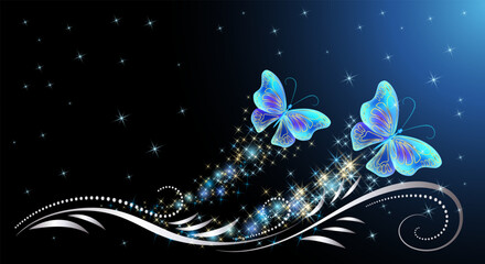 Wall Mural - Fairytale night sky with magical blue butterflies and floral ornament and stars. Fantasy sparkle background.