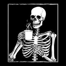 Vector Illustration Of Dead Skeleton Skull Drinking Coffee, Isolated On Black Background.