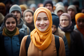 A Muslim woman in a hijab with a happy face stands and smiles with a confident smile against the background of other people