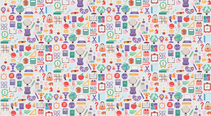 Wall Mural -  Back to school. pattern seamless of stationery for studying at school. education kids accessory. print object stuff design. graphic wallpaper element children study. background vector illustration