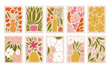 Abstract flower posters set. Trendy botanical wall arts with wild floral plants, leaves in hippie style. Modern naive groovy funky interior decorations, paintings. Colorful flat vector illustrations