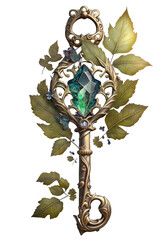 elvish key with green crystal, magic woodland metallic key digital illustration isolated with a tran
