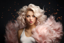 Haarmodel Präsentiert Die Haarfarbe Super Blond Mit Rosa Federboa Vor Dunklem Hintergrund.