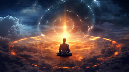meditating human silhouette in yoga lotus pose. galaxy universe background. colorful chakras and aur