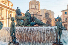 Turia Fountain At Plaça De La Verge "Plaça De La Mare De Déu" Square, Valencia Spain