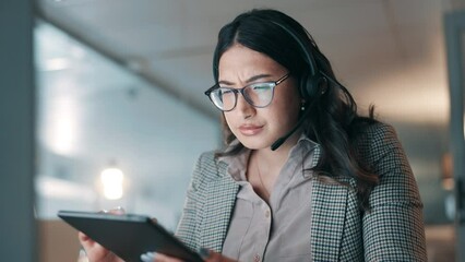 Poster - Tablet, customer service and problem solving with a woman in a call center, reading information at a desk. Technology, communication and support with a telemarketing agent working online for research